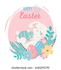happy easter sleeping rabbit with eggs on flowers nature vector illustration