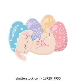 happy easter sleeping rabbit with eggs decoration celebration vector illustration