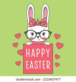 Happy Easter slogan text with cute rabbit girl face, hare. Easter Greetings illustration
