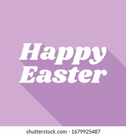 Happy Easter slogan. White Icon with long shadow at purple background. Illustration.