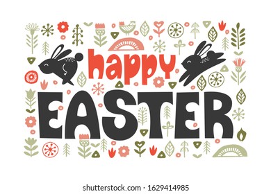 happy Easter. Small black rabbits among the delicate spring flowers. Vector illustration. Greeting card
