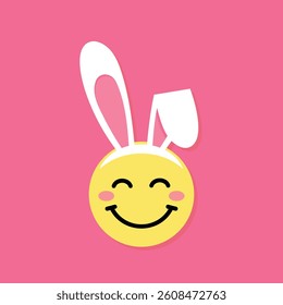 Happy Easter smiling bunny emoji with rabbit ears headband on pink background