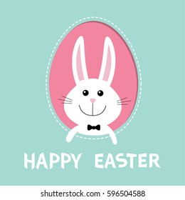 Happy Easter. Smiling bunny rabbit hare inside painted egg frame. Bow tie. Dash line contour. Cute cartoon character. Baby greeting card. Blue pastel color background. Flat design. Vector
