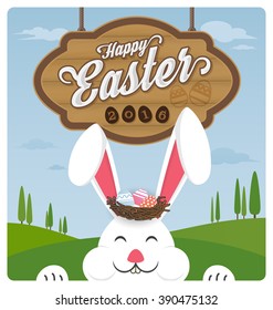 Happy easter and smiling rabbit greeting card. Vector illustration