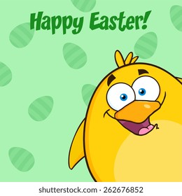 Happy Easter With Smiling Yellow Chick Cartoon Character Looking From A Corner. Vector Illustration With Background