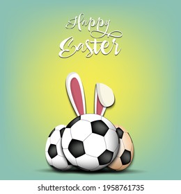 Happy Easter. Soccer ball with ears rabbit. Easter eggs decorated in the form of a soccer ball on an isolated background. Pattern for greeting card, banner, poster, invitation. Vector illustration