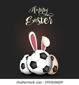 Happy Easter. Soccer ball with ears rabbit. Easter eggs decorated in the form of a soccer ball on an isolated background. Pattern for greeting card, banner, poster, invitation. Vector illustration