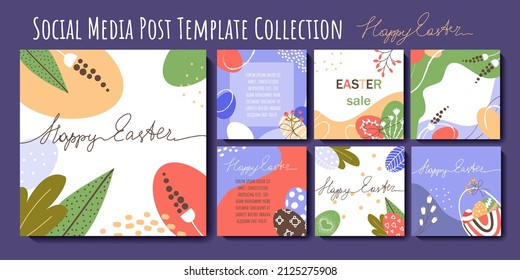 Happy Easter social media post template collection. Colorful banner design with eggs, flowers and leaves. Set of square trendy templates perfect for greeting cards, covers, online advertising. Vector