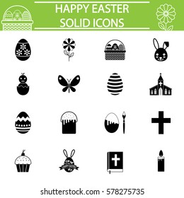 Happy Easter solid pictograms package, Holiday symbols collection, religion day vector sketches, logo illustrations, spring filled icon set isolated on white background, eps 10.