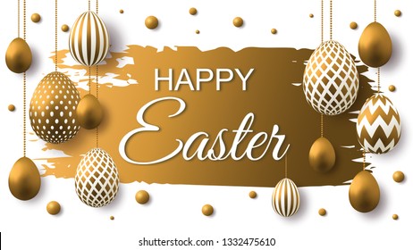 Happy Easter Sophisticated Vector Card With 3D Realistic Golden Decorated Eggs, Beads And  Brush Splash Isolated On White Background. Poster, Flyer, Web-banner, Invitation.Discount Coupon.