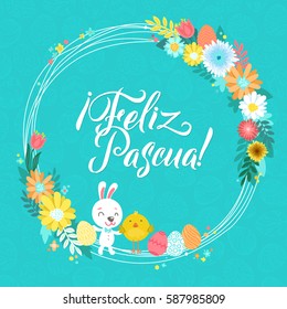 Happy Easter Spanish Calligraphy Greeting Card. Modern Brush Lettering and Floral Wreaths. Joyful wishes, holiday greetings. Pastel background.