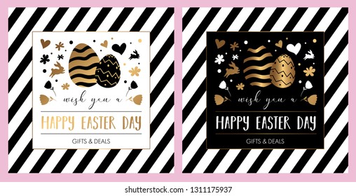 "Happy Easter" special offer design. Vector typographic poster with Easter egg hunt, rabbit, flowers and golden gradient. Good for invitations, prints, stickers, banners and tags.