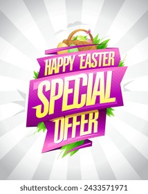 Happy Easter special offer holiday flyer design with ribbons and a basket with colored eggs