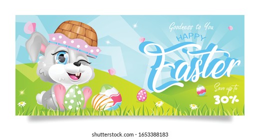 Happy Easter special offer sales banner flat vector template. Springtime themed banner, gift certificate design with bunny and eggs basket kawaii cartoon character. Printable Pascha postcard, poster