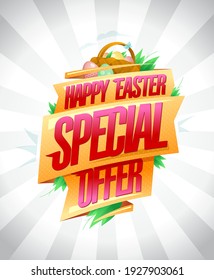 Happy Easter special offer vector sale poster design template with ribbons and eggs basket