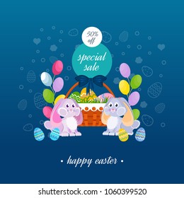 Happy easter. Special sale banner, greeting card. Two lovely festive rabbits, near the basket with Easter eggs. Vector illustration. Can be used in banners, brochures, postcards, congratulations.