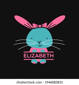 Happy Easter split colorful monogram badge design with rabbit girl and blank space for the name. Stock vector typography silhouette label isolated