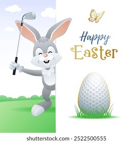 Happy Easter. Sports greeting card. Cute Rabbit with Golf Egg and Golf iron. Vector illustration.