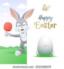 Happy Easter. Sports greeting card. Cute Rabbit with Ping-Pong Egg and Table Tennis racquet. Vector illustration.