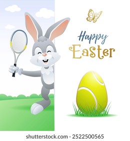 Happy Easter. Sports greeting card. Cute Rabbit with Tennis Egg and Tennis racquet. Vector illustration.