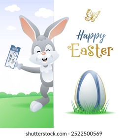 Happy Easter. Sports greeting card. Cute Rabbit with Rugby Egg and Ticket. Vector illustration.