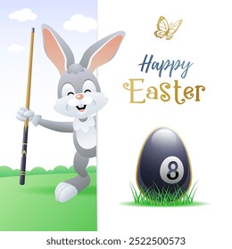 Happy Easter. Sports greeting card. Cute Rabbit with Billiard Egg and cue. Vector illustration.