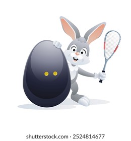 Happy Easter. Sports greeting card. Cute Rabbit with Squash Egg and Squash racquet. Vector illustration.