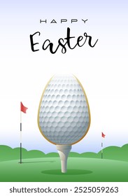 Happy Easter. Sports greeting card. Realistic golf ball in the shape of Easter egg. Vector illustration.