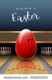 Happy Easter. Sports greeting card. A realistic Easter egg in the shape of a bowling ball. Vector illustration.