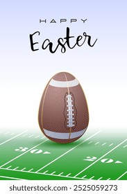 Feliz Pascua. Tarjeta de felicitación de los deportes. Un huevo de Pascua realista en forma de pelota de fútbol americano o de rugby. Ilustración vectorial.