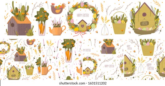 Happy easter! Spring abstract minimalistic festive easter holiday set. Vector graphics
