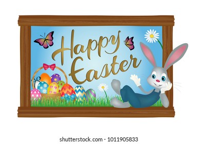 Happy easter spring background with easter bunny and easter eggs