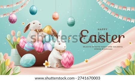 Happy Easter Spring Banner with Bunny Decorative Eggs and Pastel Wave Background 3D Render