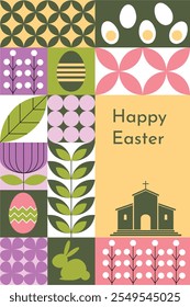 Happy Easter spring banner featuring a mosaic design with rabbits and nature-inspired elements, creating a vibrant and festive seasonal decoration.