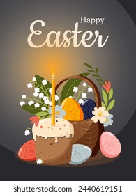 Happy Easter. Spring bouquet of flowers in a wicker basket with Easter colorful eggs and Easter cake with a burning candle. Vector.