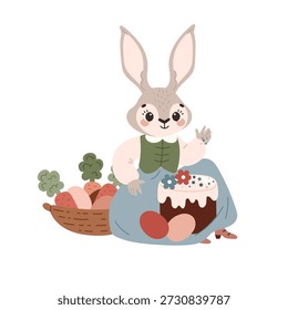 Happy Easter. A spring bunny decorate an Easter cake at his carrot farm. Cute flat vector illustration isolated on white background.