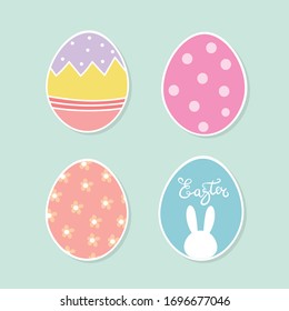 Happy Easter, spring with bunny or rabbit, colorful and different style eggs set. Hand draw doodle. Sticker theme