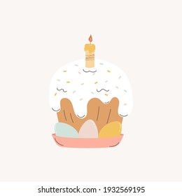 Happy easter! Spring Easter card with Easter cake and decorated eggs. Vector illustration.