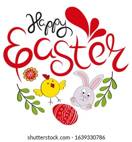 Happy Easter spring card with hand lettering, chicken, rabbit, color painted egg, hearts and leaves. Suitable for flyer, greetings, invitation, poster, banner, card, web, holiday packaging.