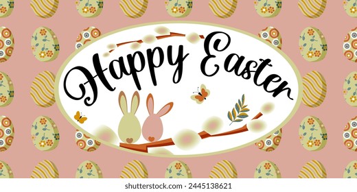 Happy Easter. Spring card with willow branches and bunnies on a horizontal pink background with Easter eggs. Vector.