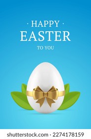 Happy Easter spring chicken egg gift 3d greeting card holiday design template realistic vector illustration. Painted eggshell festive present with golden bow ribbon green leaves decor nature foliage