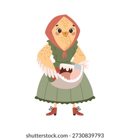 Happy Easter. A spring chicken holds a festive eggs and Easter cake. Cute flat vector illustration isolated on white background.
