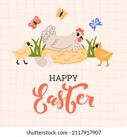 Happy easter. Spring chicken with nest, eggs, chicks, flowers, butterflies. Cute flat vector illustration on beige background. Greeting card.