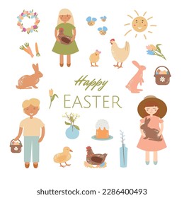 Happy easter spring clipart children, rabbits, hens, flowers, elements vector illustration