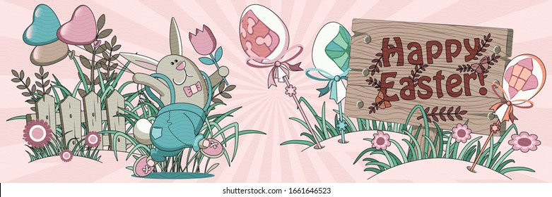 Happy easter! Spring concept on a pink background in a flat style. Christian holiday vector design for creating poster, calendar, label, flyer, banner with Easter theme.