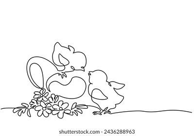 Happy Easter spring decoration. Easter eggs, chicks and flowers. Continuous one line drawing. Vector illustration