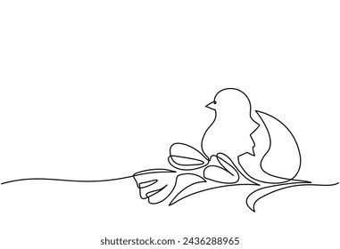 Happy Easter spring decoration. Easter eggs, chicks and flowers. Continuous one line drawing. Vector illustration