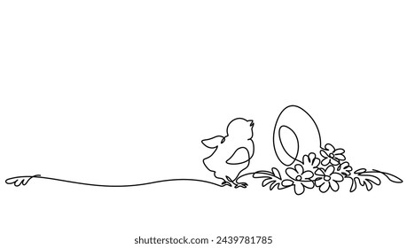 Happy Easter spring decoration. Easter eggs, chicks and flowers. Continuous one line drawing. Vector illustration