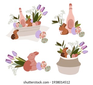 Happy Easter and spring elements. Modern doodle floral vector illustration with basket, egg, flower, home decor. Rustic design. Vector illustration.