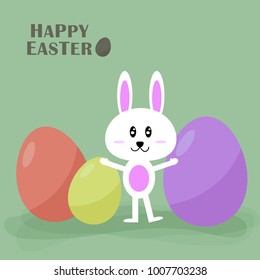 Happy Easter spring festival vector cartoon with bunny rabbit stands among eggs on grass shadow and pastel background with copy space